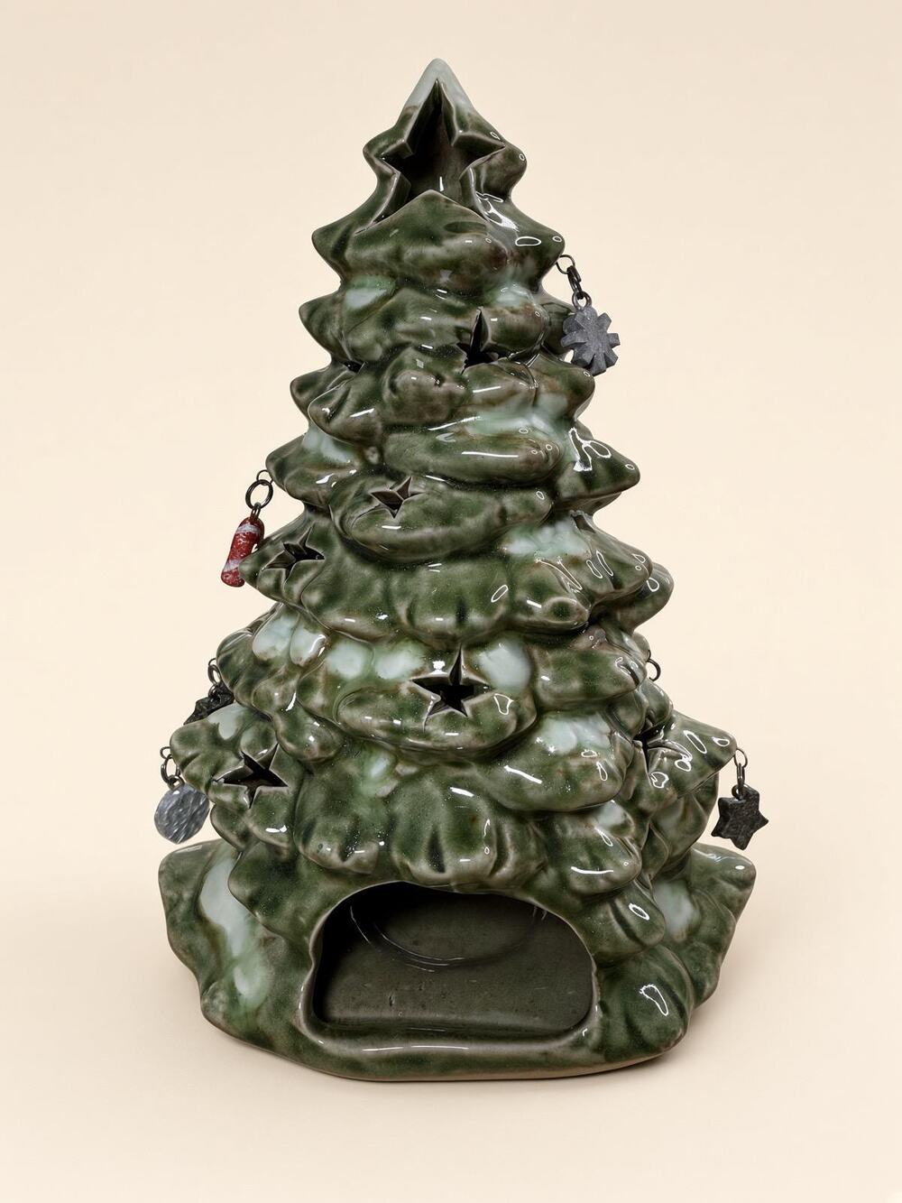 Ceramic Christmas Tree, Green Drip Glaze, Hanging Ornaments, Star Cutout Light